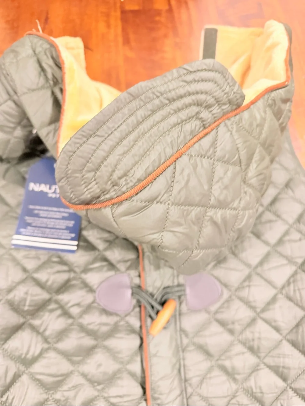 Dog Pet Nautica Olive Green Quilted Hooded Vest with Beige Lining